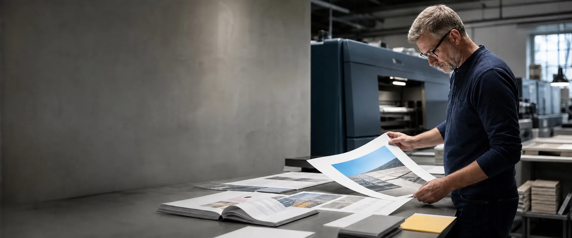 Experienced print specialist reviewing a colorful proof and open catalog in a modern print facility