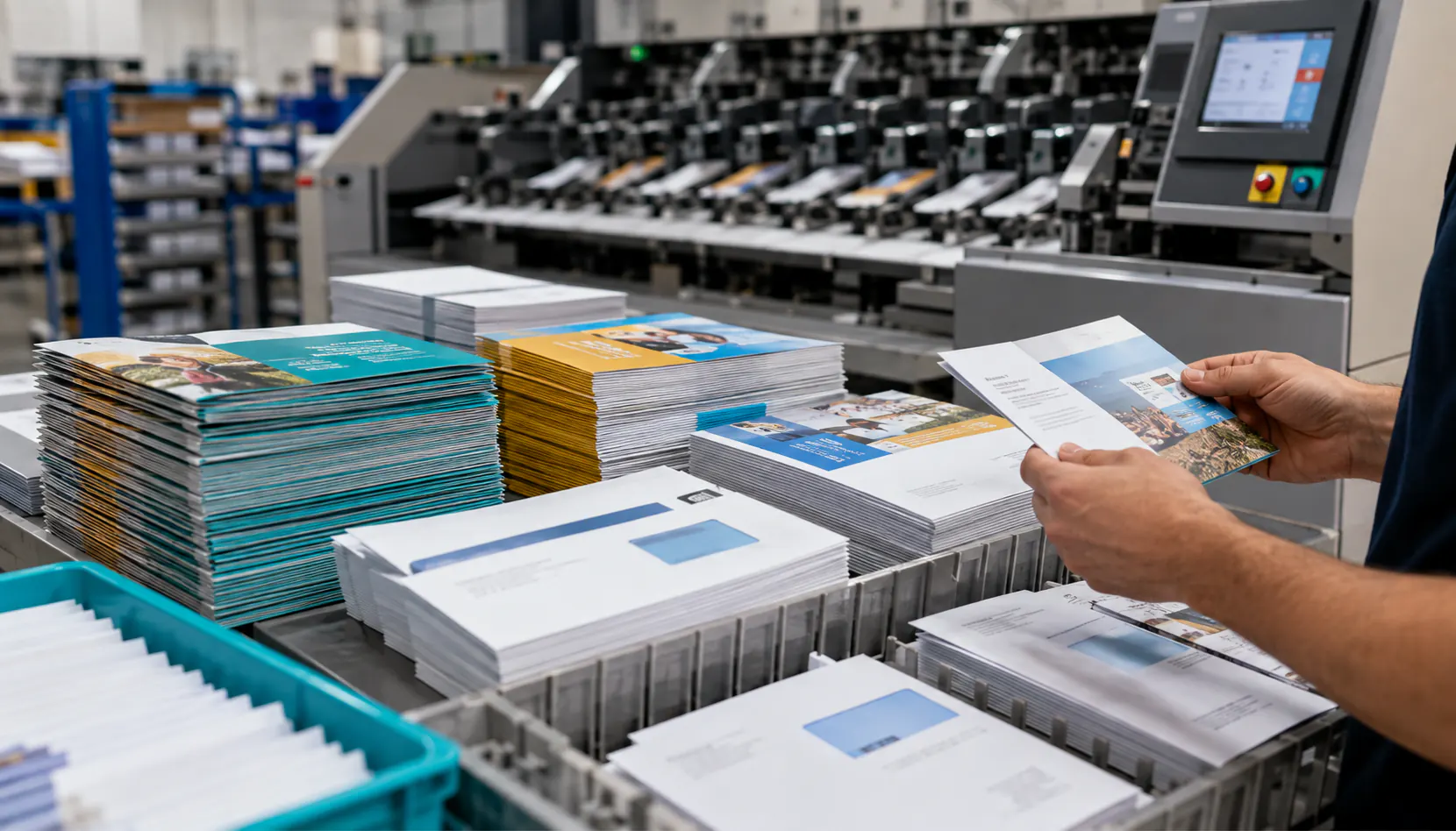 Colorful direct-mail pieces prepared beside automated mailing equipment